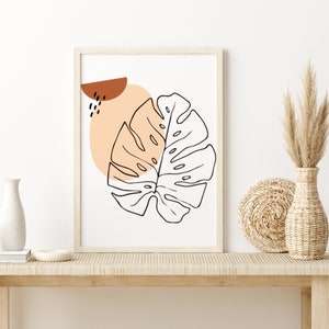 Modern Minimalist Monstera Leaves Wall Art, Boho Home Decor, Burnt orange abstract Shape, Monstera Leaf Wall Art Botanical Boho Wall Art,