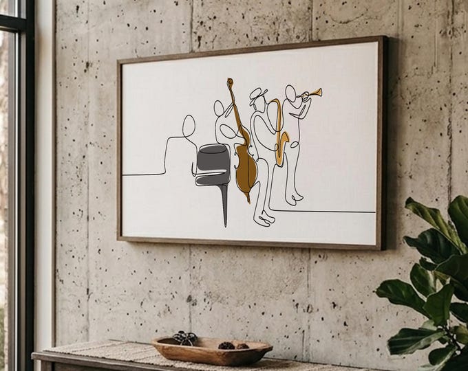 Jazz Art One Line Drawing Wood Sign, Minimalist Jazz Band Wall Art, Music Lover Gift, Large Horizontal Framed Artwork For Living Room