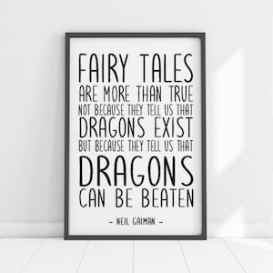 Los cuentos de hadas son más que verdaderos, cita imprimible de Neil Gaiman, cita literaria, decoración de habitaciones infantiles, cita inspiradora, decoración motivacional del hogar