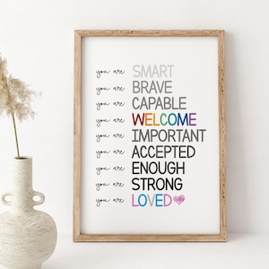 Arte mural con afirmaciones arcoíris - Arte inspirador para niños: Soy amable, amado, valiente - Decoración infantil positiva y láminas con afirmaciones