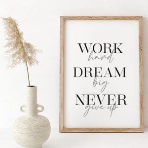 Trabaja duro, sueña en grande, nunca te rindas, letrero de madera motivacional, marco de madera de granja, arte de pared de dormitorio, decoración de oficina, citas motivacionales