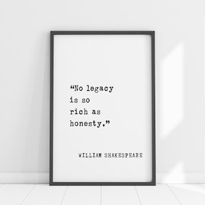 William Shakespeare Quote - No Legacy is So Rich as Honesty - Framed Art Print - Honest Frame Decor for Home & Office