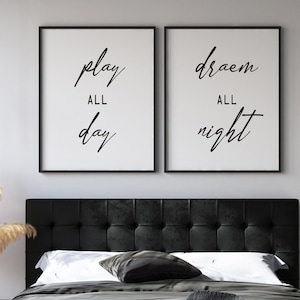 Play All Day Dream All Night Set of 2 Wood Sign, Bedroom wall decor, Bedroom Decor, Set of 2 Prints, Funny Art Print