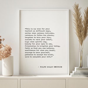 Impresión con cita de Ralph Waldo Emerson: Consuelo en días difíciles, sonrisas y arcoíris, arte de pared inspirador para la decoración del hogar