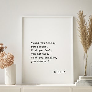 Cytat Buddy w ramce - „Co myślimy, tym się stajemy” - inspirująca mądrość artystyczna - wystrój samodoskonalenia - nowoczesny minimalistyczny design
