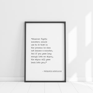 Nietzsche Zitat Wandkunst - Wer gegen Monster kämpft, inspirierender Aufkleber, Abyss philosophische Dekoration, motivierendes Büro Poster Geschenk
