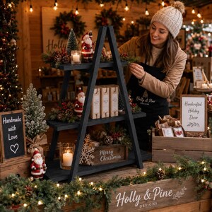 May include: A dark wood A-frame display shelf featuring three tiers decorated with miniature Santa Claus figurines, pine branches, pinecones, and candles. The shelf holds small boxes and a wooden sign with the text Merry Christmas.