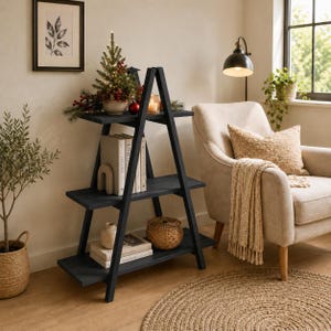 Dark Grey 3-Tier Wooden Ladder Shelf | Rustic A-Frame Bookcase, Farmhouse Decor
