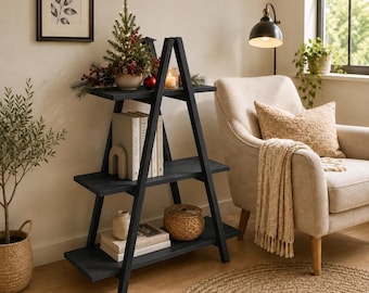 Dark Grey 3-Tier Wooden Ladder Shelf | Rustic A-Frame Bookcase, Farmhouse Decor