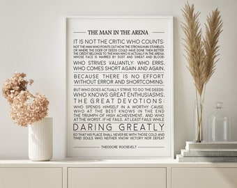 The Man in the Arena, Theodore Roosevelt Quote, Inspirational Quote Print, Graduation Gift, Office Decor, Home Decor Christmas Gift