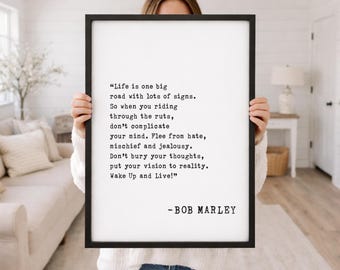 Bob Marley Framed Quote Sign - Inspirational Wall Art Home Decor "Life is One Big Road" Motivational Gift