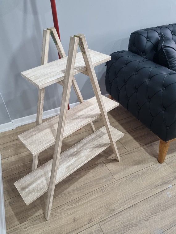 Rustic Cascade Ladder Shelf 3-Tier Wooden Bookcase  Farmhouse Decor  Distressed White Wooden Racks  Portable Display for Living Room