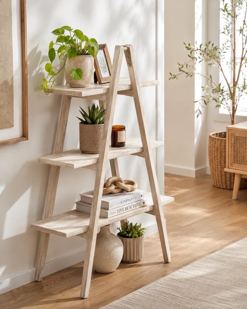 May include: A light-colored wooden A-frame shelving unit with three horizontal shelves. The shelves hold a potted green plant, a small picture frame, a succulent in a textured pot, a candle, a wooden chain link, two books, and a ceramic vase.
