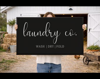 Letrero de madera de Laundry Co., decoración de pared estilo granja con fondo negro