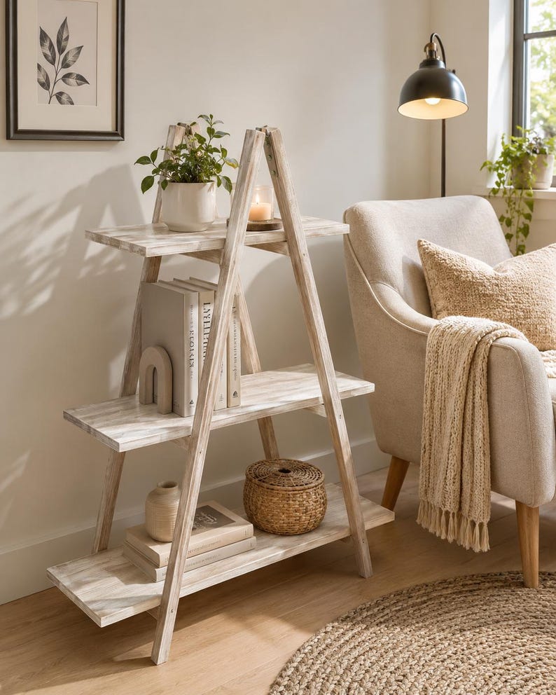 May include: A three-tier A-frame shelving unit made of light-colored wood with a distressed white finish. The triangular structure features three horizontal shelves that decrease in width toward the top, providing open storage for various decorative items.