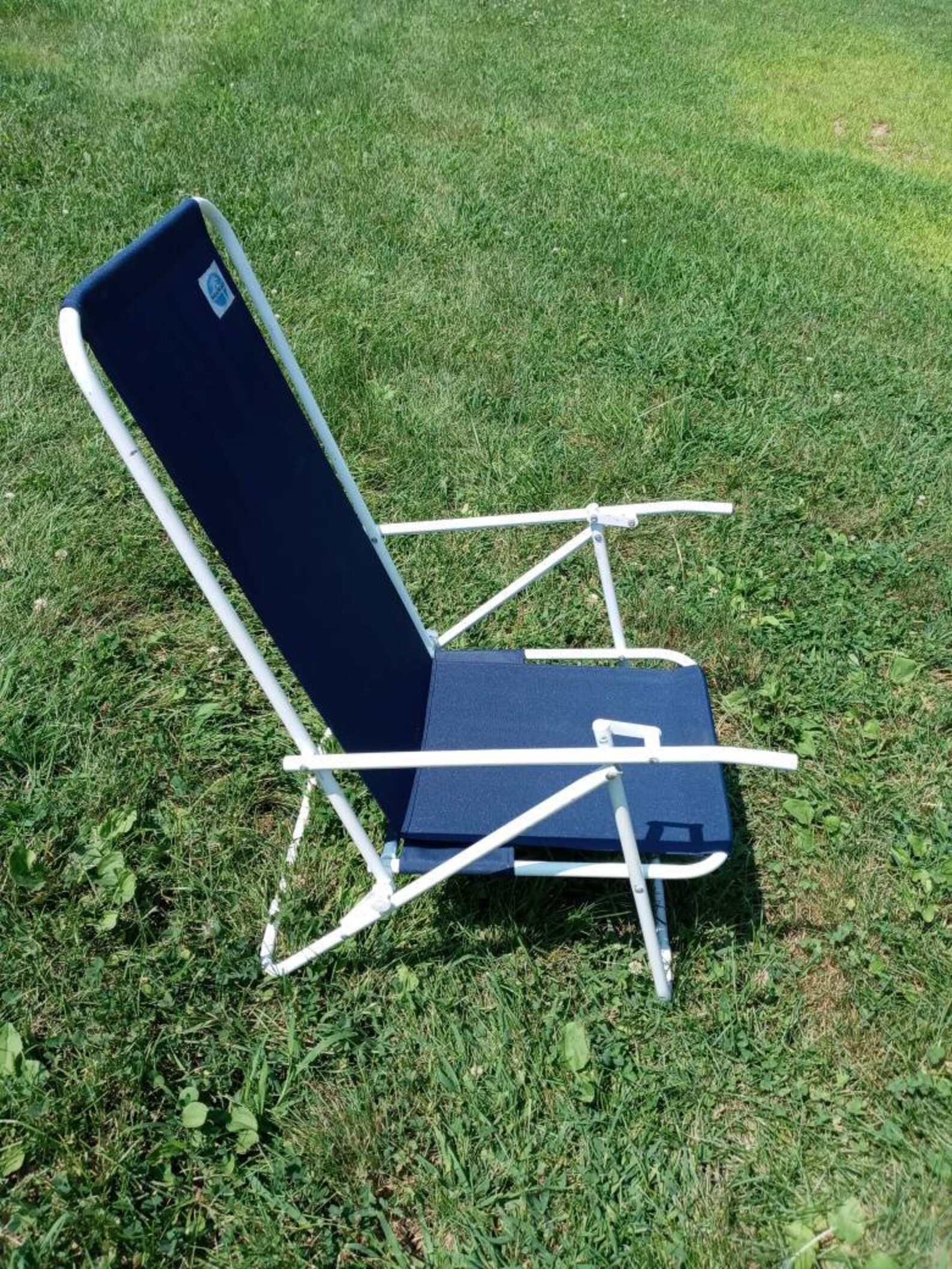 Vintage Beach Sand Chair Metal Frame Blue Canvas High Back Not Etsy