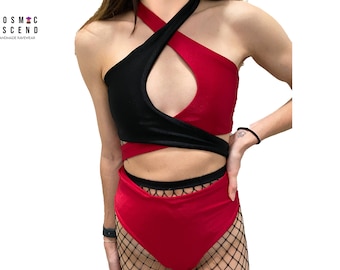 Ensemble de tenue Rave bicolore rouge et noir |Ensemble Rave