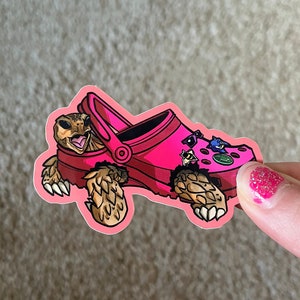 Puede incluir: Una pegatina de dibujos animados rosa de una tortuga que lleva un zapato Croc rosa y azul.