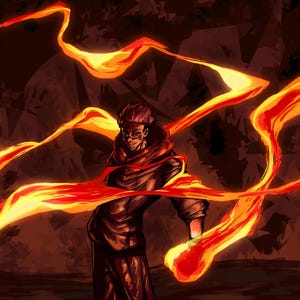 May include: A person with red hair and a red scarf is surrounded by orange and yellow flames. The person is wearing a dark jacket and pants.