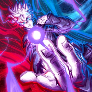 May include: A digital illustration of a person with white hair and blue eyes, wearing a dark purple jacket, with a glowing purple orb in their hand. The background is a swirling mix of red, blue, and purple.