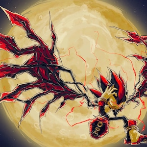 May include: Digital artwork featuring a character with red and black details set against a yellow moon and a dark blue sky. The character has spiky hair and is surrounded by red, claw-like appendages. The image has a dynamic, action-oriented feel.