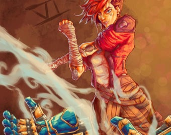 May include: A woman with red hair and a red jacket is fighting with a large mechanical arm. The woman is wearing a white shirt and brown pants. The mechanical arm is blue and gold. The background is a brown and orange color.