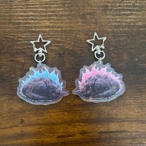 Puede incluir: Dos llaveros con un diseño de Godzilla durmiente. Uno tiene detalles en azul y morado, el otro en rosa y morado. Cada llavero tiene un cierre en forma de estrella.