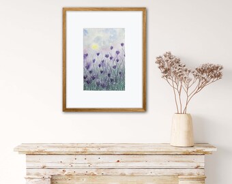 Original alpine wildflower artwork, purple flowers in the sunlight, meadow flowers, Hand painted, Floral art