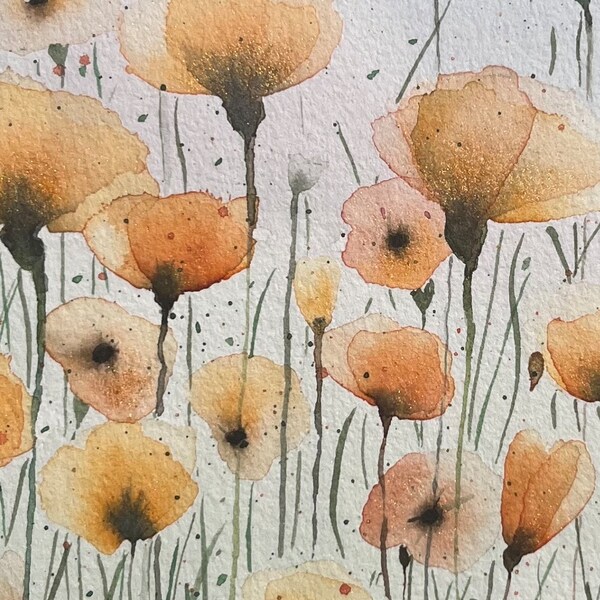 Original alpine wildflower Poppies in meadow artwork, Hand painted, Floral art