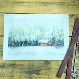 Winter cabin in the trees Christmas  card set of 6