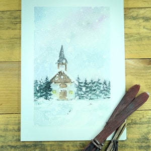Winter church Christmas card set of 6