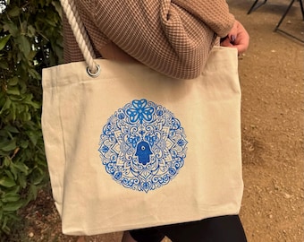 Hamsa Evil Eye Triquetra Mandala Canvas Tote Bag, Rope Handles, Zip Pocket