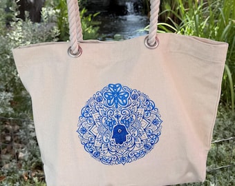 Hamsa Evil Eye Triquetra Mandala Canvas Tote Bag, Rope Handles, Zip Pocket