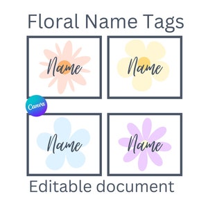 May include: Four floral name tags with a white background. Each tag features a different pastel-colored flower design with the word "Name" in cursive. The text "Floral Name Tags" and "Editable document" are also present.