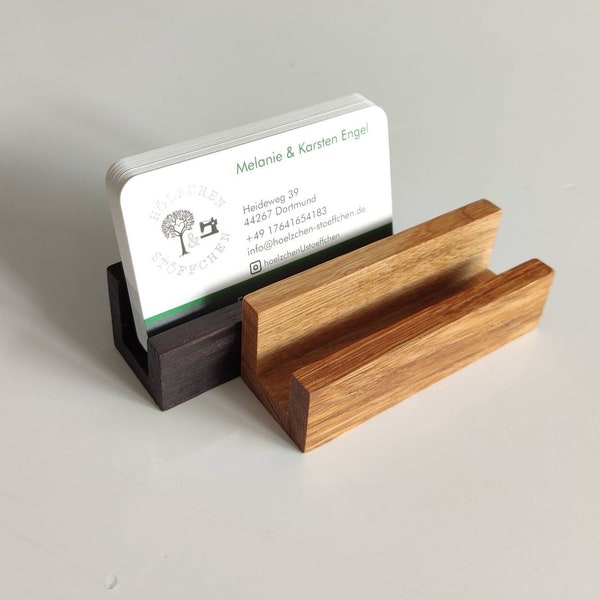 Portrait & landscape format business card holders in various sizes, colors and shapes with wood butter/oak and smoked oak