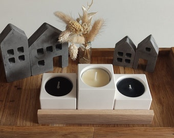 White set of 3 tealight holders with wooden tray in different sizes made of Raysin for decorating for any season