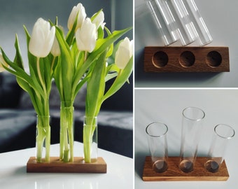 Houten bloemenbar met 3 eikenhouten reageerbuisjes voor verse bloemen of droogbloemen