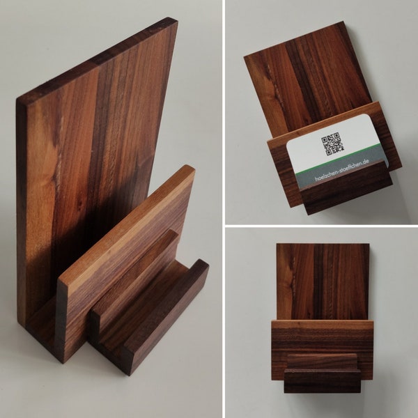 Combi stand DIN long/ A5/ A6 portrait format with business card holder made of wood/ walnut/ space-saving flyer holder