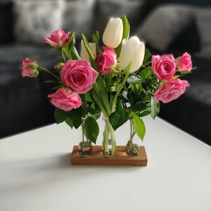 Small oak test tube rack with 3 jars for fresh or dry flowers on the table/ vase/ propagation/ also for spices