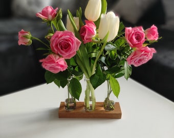 Small oak test tube rack with 3 jars for fresh or dry flowers on the table/ vase/ propagation/ also for spices
