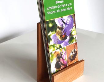 Wooden display stand for DIN long portrait format flyers with wooden butter / Holder for brochures / leaflets / advertising