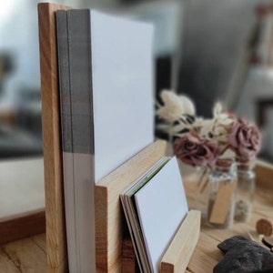 Combi stand DIN long/ A5/ A6 portrait format with business card holder made of wood/ walnut/ space-saving flyer holder image 9