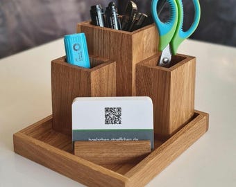 Desk set in two sizes made of wood/ oak, walnut, and smoked oak/ pencil holder/ office organizer