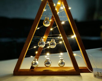 Walnut Christmas tree/ Wooden fir tree illuminated with fairy lights and glass balls/ Triangular tree