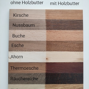 K&ouml;nnte beinhalten: Ein Vergleich von acht verschiedenen Holzarten, der die Farbe und Maserung jedes Holzes mit und ohne Holzbutter zeigt. Die Holzarten sind: Kirsch, Nussbaum, Buche, Esche, Ahorn, Thermoesche, R&auml;uchereiche und Eiche.