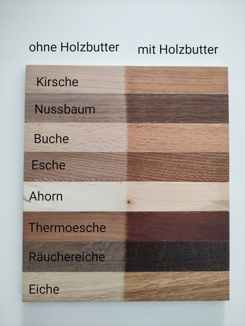 K&ouml;nnte beinhalten: Ein Vergleich von acht verschiedenen Holzarten, der die Farbe und Maserung jedes Holzes mit und ohne Holzbutter zeigt. Die Holzarten sind: Kirsch, Nussbaum, Buche, Esche, Ahorn, Thermoesche, R&auml;uchereiche und Eiche.