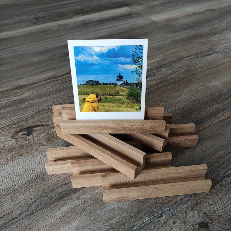 K&ouml;nnte beinhalten: Ein Holz-Bilderrahmen mit einem Foto eines Hundes in einem gelben Regenmantel, der auf einen Leuchtturm in der Ferne blickt. Der Rahmen besteht aus mehreren &uuml;bereinander gestapelten Holzst&uuml;cken.
