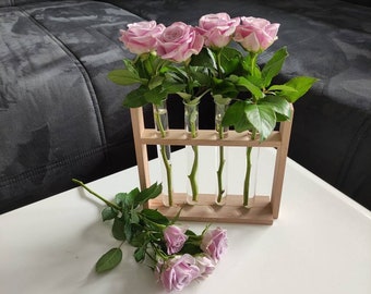 Stylischer Blütenständer aus Holz mit 4 Reagenzgläsern zum Dekorieren oder für Setzlinge zum Bewurzeln/ minimalistischer Pflanzenständer