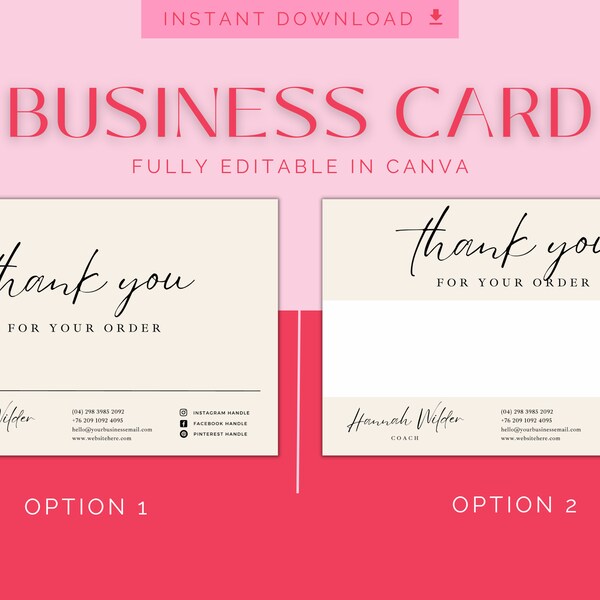 Business Card Canva Template | Customisable card, editable in Canva, done for you, business card design, aesthetic, logo, thank you card