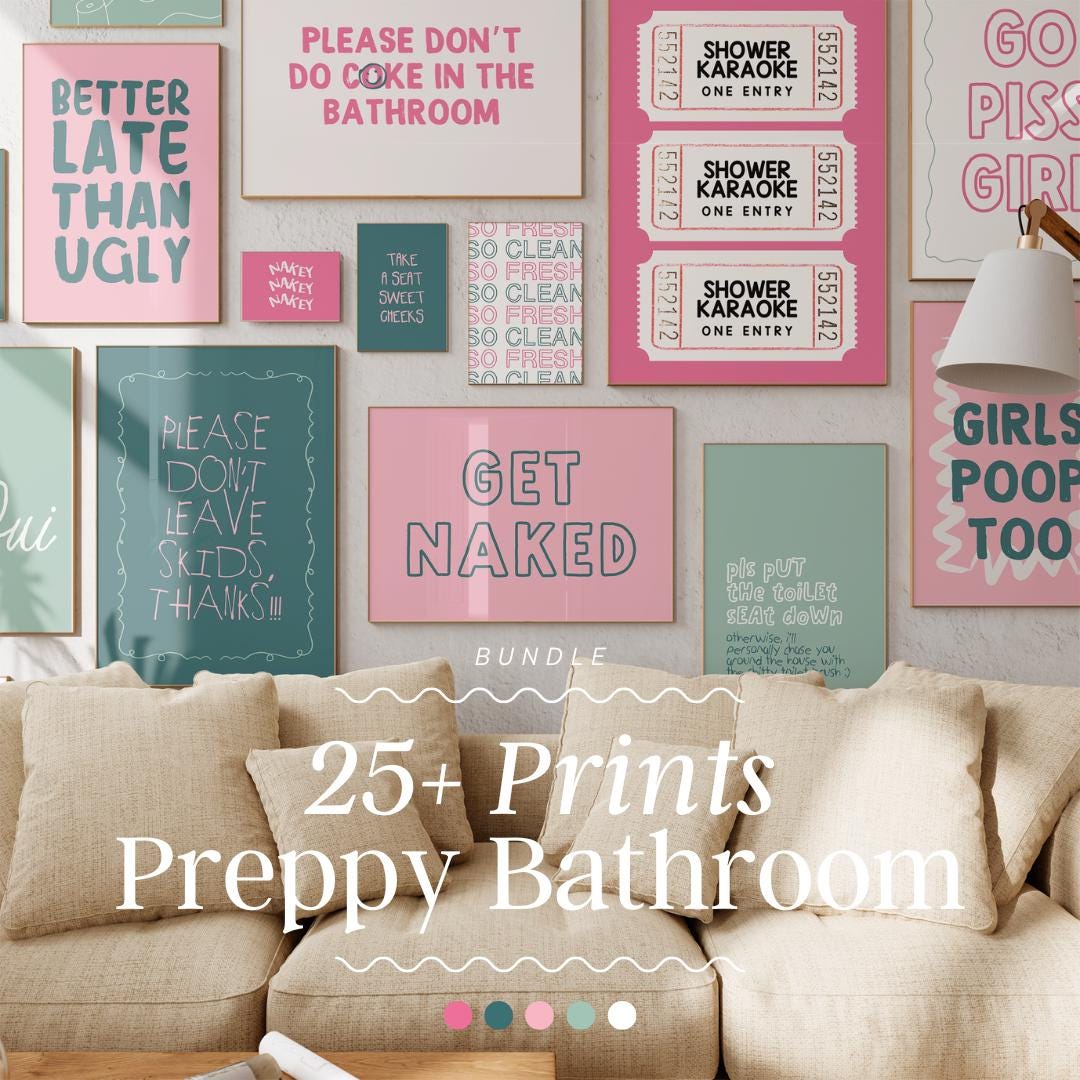 Preppy Bathroom Gallery Wall Set Bathroom Wall Art, Pink Bathroom